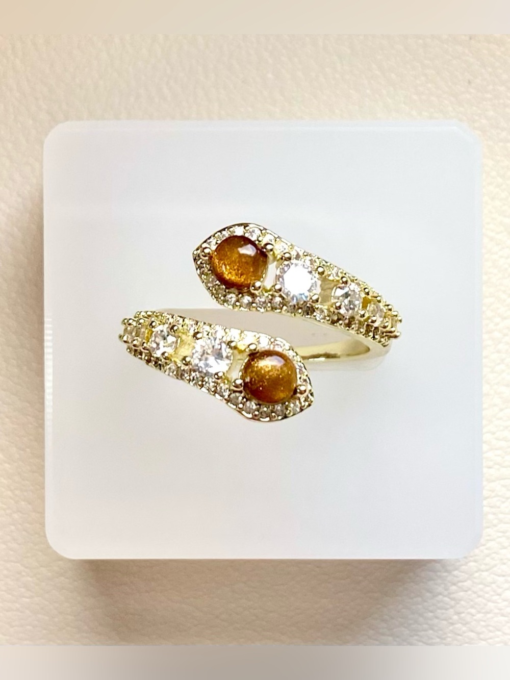 Gold Ring with Amber Stones and Clear Crystals